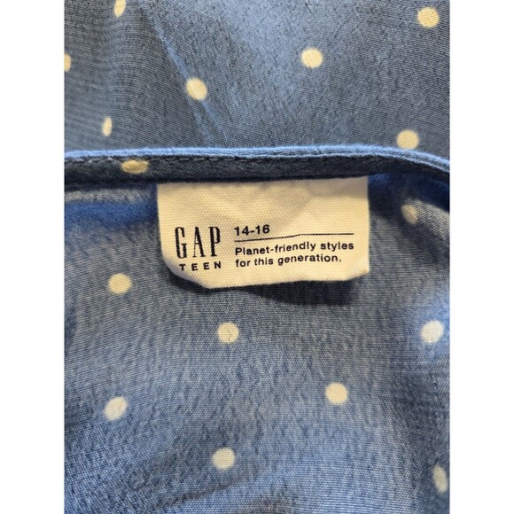 Gap Teen 14 - 16 Blue White Polka Dot Mini Dress V-Neck Short Sleeve Button Up - Picture 5 of 7